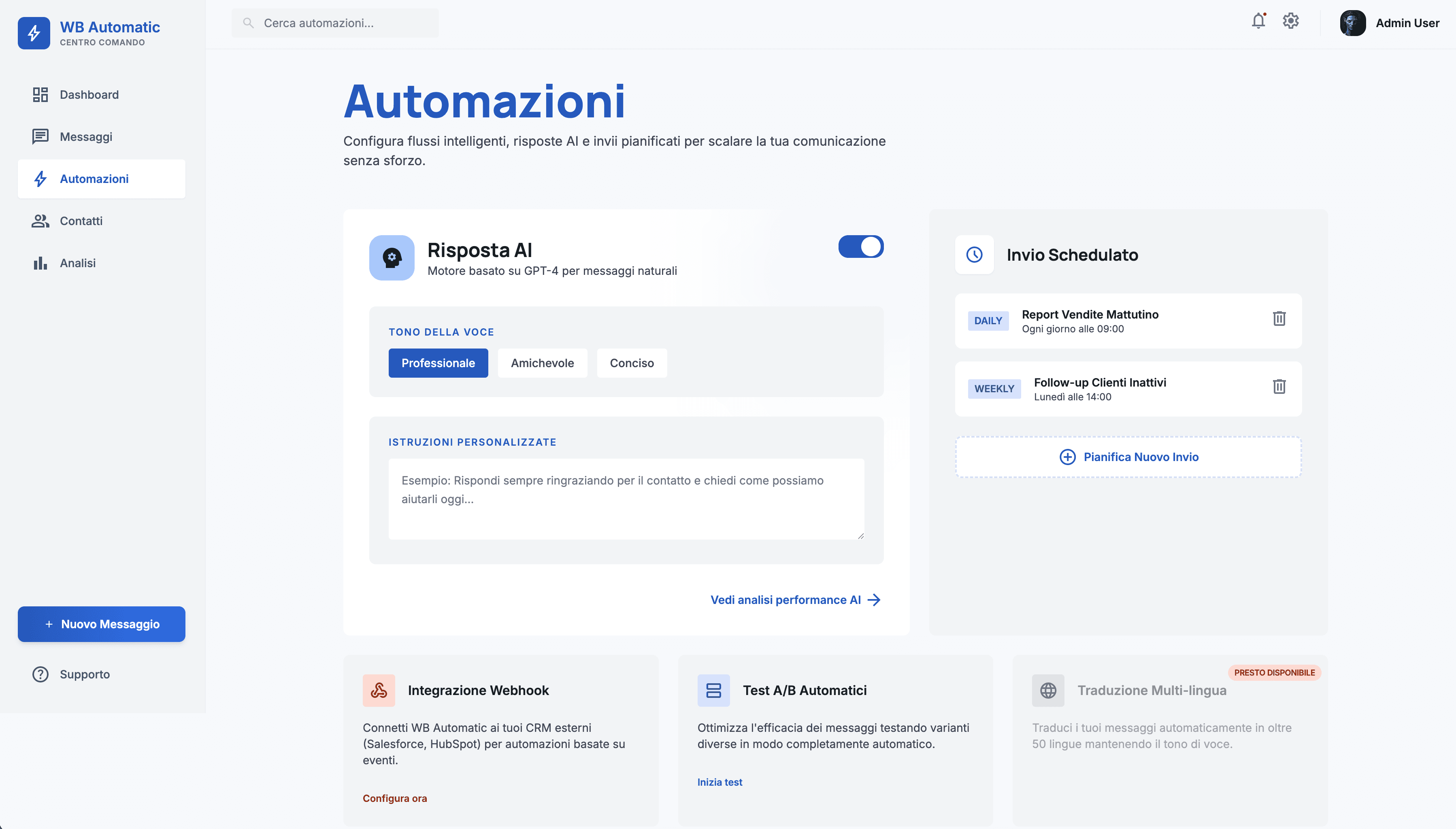 WB Automatic — pannello Automazioni con risposta AI e invii schedulati